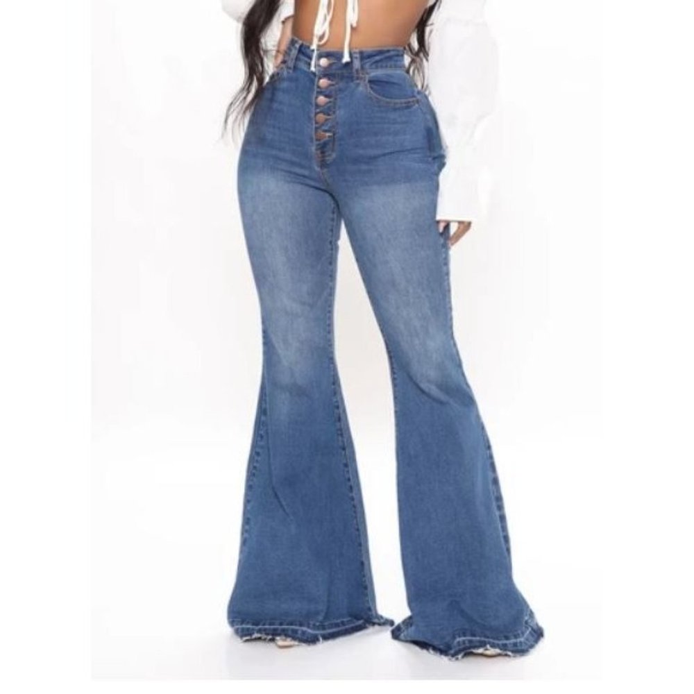 FASHION NOVA Traveling The World Super Flare Jeans  Medium Blue Wash Size 11
